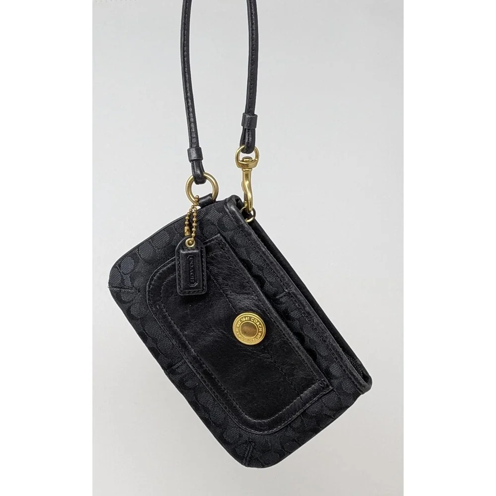 Coach Signature C Wrislet Canvas Leather Black Zip Pouch Clutch Bag